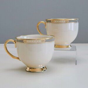Lenox McKinley Teacup Set of 2 Presidential Ivory Color Gray Band Heavy Gold USA